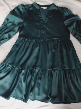 Entro Dark Teal Satin Tiered Midi Aline Long Sleeve Dress, Small